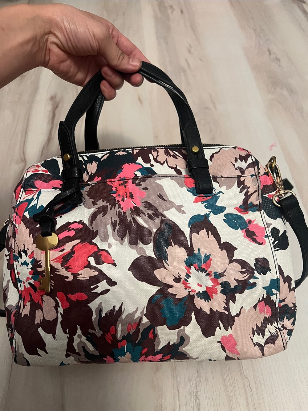 Fossil Floral Dome Satchel Handbag - Black Handles, Pink & Teal Floral